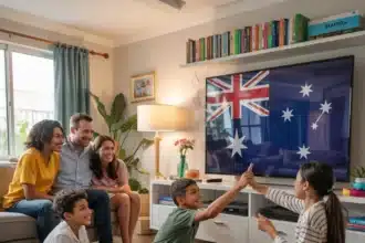A cozy and inviting living room scene featuring a diverse family gathered around a large, flat-screen television. The children are sitting on the floor, while the parents are seated on a comfortable couch. There are various international channels displayed on the screen, reflecting the family's multicultural background. The most prominent channel, taking up a significant portion of the wall, is the Australia, suggesting a strong interest or connection to the Australia culture. The overall atmosphere of the room is warm, friendly, and inclusive. Less Best Australia IPTV Subscription Service Providers in 2025