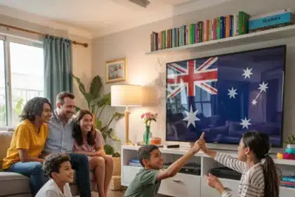 A cozy and inviting living room scene featuring a diverse family gathered around a large, flat-screen television. The children are sitting on the floor, while the parents are seated on a comfortable couch. There are various international channels displayed on the screen, reflecting the family's multicultural background. The most prominent channel, taking up a significant portion of the wall, is the Australia, suggesting a strong interest or connection to the Australia culture. The overall atmosphere of the room is warm, friendly, and inclusive. Less Best Australia IPTV Subscription Service Providers in 2025