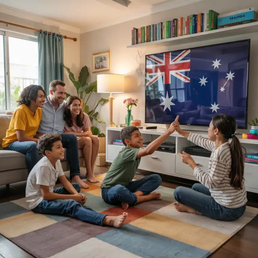 A cozy and inviting living room scene featuring a diverse family gathered around a large, flat-screen television. The children are sitting on the floor, while the parents are seated on a comfortable couch. There are various international channels displayed on the screen, reflecting the family's multicultural background. The most prominent channel, taking up a significant portion of the wall, is the Australia, suggesting a strong interest or connection to the Australia culture. The overall atmosphere of the room is warm, friendly, and inclusive. Less Best Australia IPTV Subscription Service Providers in 2025