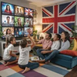 A heartwarming family portrait captures a diverse family gathered around a large, flat-screen television in their cozy, inviting living room. The children, dressed in colorful attire, playfully sit on the plush carpet, surrounded by an array of vibrant toys and cushions. The parents, with smiling faces, are comfortably seated on a plush couch, sharing laughter and bonding moments. The television showcases an array of international channels, reflecting the family's multicultural background and love for global entertainment. The prominent British channel on the wall highlights their strong connection and interest in IPTV and British culture. The room exudes warmth, friendship, and inclusiveness, making everyone who steps in feel welcome and at home. Best British IPTV Subscription Service Providers In 2025.