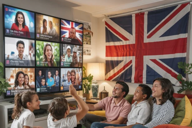 A heartwarming family portrait captures a diverse family gathered around a large, flat-screen television in their cozy, inviting living room. The children, dressed in colorful attire, playfully sit on the plush carpet, surrounded by an array of vibrant toys and cushions. The parents, with smiling faces, are comfortably seated on a plush couch, sharing laughter and bonding moments. The television showcases an array of international channels, reflecting the family's multicultural background and love for global entertainment. The prominent British channel on the wall highlights their strong connection and interest in IPTV and British culture. The room exudes warmth, friendship, and inclusiveness, making everyone who steps in feel welcome and at home. Best British IPTV Subscription Service Providers In 2025.