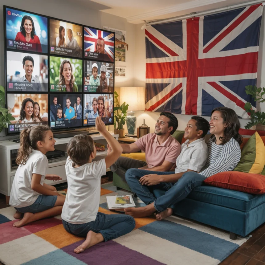 A heartwarming family portrait captures a diverse family gathered around a large, flat-screen television in their cozy, inviting living room. The children, dressed in colorful attire, playfully sit on the plush carpet, surrounded by an array of vibrant toys and cushions. The parents, with smiling faces, are comfortably seated on a plush couch, sharing laughter and bonding moments. The television showcases an array of international channels, reflecting the family's multicultural background and love for global entertainment. The prominent British channel on the wall highlights their strong connection and interest in IPTV and British culture. The room exudes warmth, friendship, and inclusiveness, making everyone who steps in feel welcome and at home. Best British IPTV Subscription Service Providers In 2025.