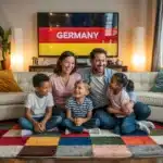 A heartwarming and inviting living room scene, showcasing a diverse family gathered around a large, flat-screen television. The children, displaying their unique cultural attire, are sitting on the soft carpet, engrossed in the various international channels. The parents, with smiles on their faces, are seated on a plush couch, embracing the warmth and comfort of their home. The prominence of the Germany channel, taking up a significant portion of the wall, highlights the family's strong connection to German culture, while the overall ambiance exudes an atmosphere of unity, acceptance, and love. Best Germany IPTV Subscription Service Providers in 2025