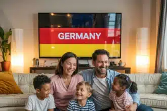 A heartwarming and inviting living room scene, showcasing a diverse family gathered around a large, flat-screen television. The children, displaying their unique cultural attire, are sitting on the soft carpet, engrossed in the various international channels. The parents, with smiles on their faces, are seated on a plush couch, embracing the warmth and comfort of their home. The prominence of the Germany channel, taking up a significant portion of the wall, highlights the family's strong connection to German culture, while the overall ambiance exudes an atmosphere of unity, acceptance, and love. Best Germany IPTV Subscription Service Providers in 2025