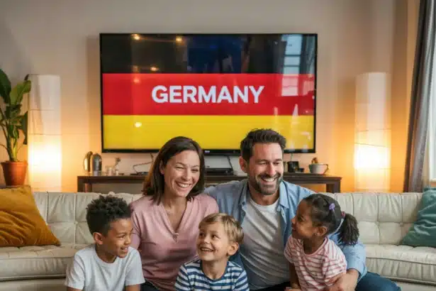 A heartwarming and inviting living room scene, showcasing a diverse family gathered around a large, flat-screen television. The children, displaying their unique cultural attire, are sitting on the soft carpet, engrossed in the various international channels. The parents, with smiles on their faces, are seated on a plush couch, embracing the warmth and comfort of their home. The prominence of the Germany channel, taking up a significant portion of the wall, highlights the family's strong connection to German culture, while the overall ambiance exudes an atmosphere of unity, acceptance, and love. Best Germany IPTV Subscription Service Providers in 2025