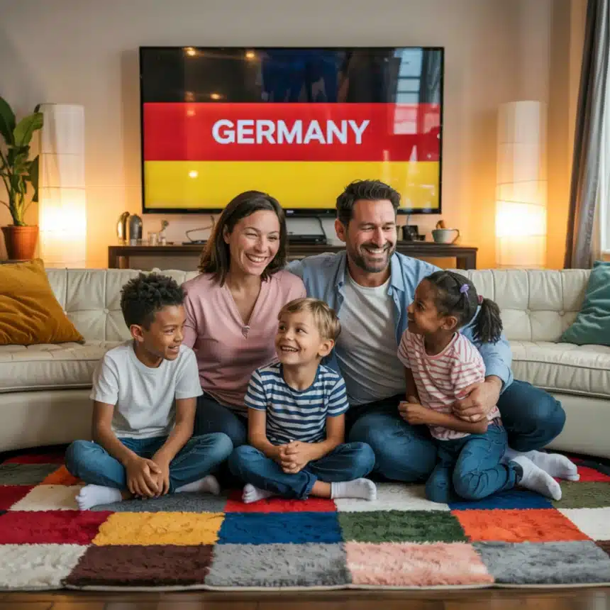 A heartwarming and inviting living room scene, showcasing a diverse family gathered around a large, flat-screen television. The children, displaying their unique cultural attire, are sitting on the soft carpet, engrossed in the various international channels. The parents, with smiles on their faces, are seated on a plush couch, embracing the warmth and comfort of their home. The prominence of the Germany channel, taking up a significant portion of the wall, highlights the family's strong connection to German culture, while the overall ambiance exudes an atmosphere of unity, acceptance, and love. Best Germany IPTV Subscription Service Providers in 2025