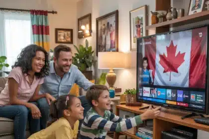 A multigenerational Canadian family gathered in a cozy living room, watching IPTV on a large television. The TV screen displays various streaming content, including live TV and on-demand shows. A Canadian flag hangs on the wall, emphasizing the setting. The family members, seated on sofas and chairs, appear engaged and relaxed, enjoying their viewing experience together. IPTV Canada | Best IPTV Canada Subscription service provider in 2025."