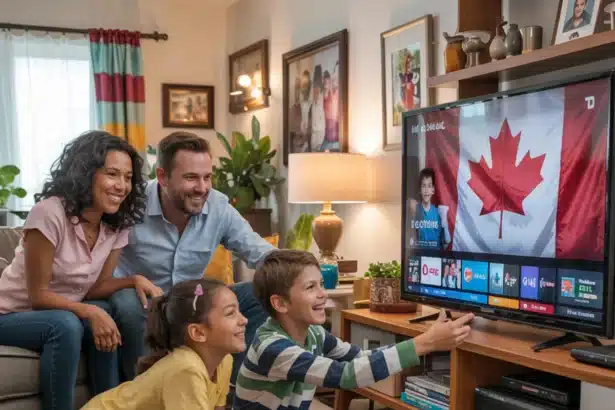 A multigenerational Canadian family gathered in a cozy living room, watching IPTV on a large television. The TV screen displays various streaming content, including live TV and on-demand shows. A Canadian flag hangs on the wall, emphasizing the setting. The family members, seated on sofas and chairs, appear engaged and relaxed, enjoying their viewing experience together. IPTV Canada | Best IPTV Canada Subscription service provider in 2025."