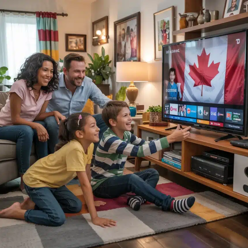A multigenerational Canadian family gathered in a cozy living room, watching IPTV on a large television. The TV screen displays various streaming content, including live TV and on-demand shows. A Canadian flag hangs on the wall, emphasizing the setting. The family members, seated on sofas and chairs, appear engaged and relaxed, enjoying their viewing experience together. IPTV Canada | Best IPTV Canada Subscription service provider in 2025."
