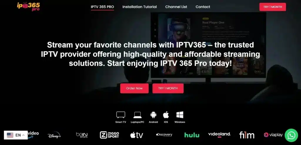 The IPTV 365 Pro landing page is designed to appeal to users looking for high-quality, multi-device IPTV streaming. The dark background with red accents creates a modern and premium feel, while the clear CTA buttons, device compatibility icons, and streaming service logos add credibility and make navigation easy.