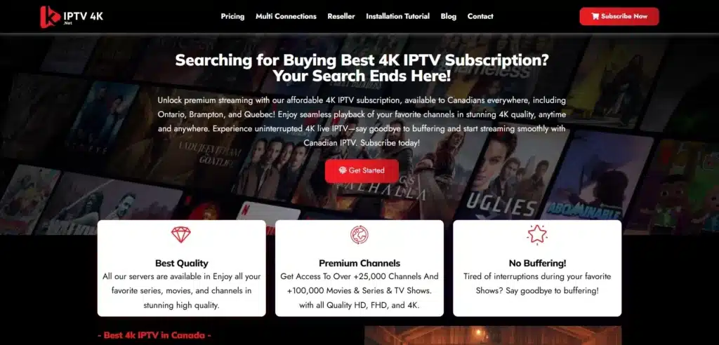 The IPTV 4K landing page is designed to appeal to users looking for high-quality, multi-device IPTV streaming. The dark background with red accents creates a modern and premium feel, while the clear CTA buttons, device compatibility icons, and streaming service logos add credibility and make navigation easy.