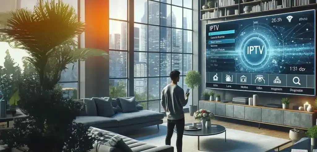 The image remote control pointed toward a screen displaying the "IPTV "service. The main text visible in the image is " IPTV" prominently displayed at the top of the screen. The background shows what appears to be a user interface with multiple content thumbnails or channels, with some appearing to show sports content. There's also "SPORTS IPTV" visible on one of the panels on the left side, and " IPTV" appears again on other parts of the interface.