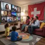 A heartwarming scene of a diverse family gathered in their cozy living room, surrounded by colorful and comfortable furniture. The children are playfully sitting on the floor, engrossed in various international channels on the large, flat-screen TV, reflecting their multicultural background. The parents are seated together on a plush couch, enjoying the shared experience. The most prominent channel, displaying the Schweiz flag, takes up a significant portion of the wall, hinting at a strong interest or connection to Schweiz culture. The overall atmosphere of the living room is warm, friendly, and inclusive, creating a sense of belonging for everyone,Best IPTV Schweiz Subscription Service Providers in 2025 .