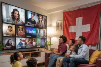 A heartwarming scene of a diverse family gathered in their cozy living room, surrounded by colorful and comfortable furniture. The children are playfully sitting on the floor, engrossed in various international channels on the large, flat-screen TV, reflecting their multicultural background. The parents are seated together on a plush couch, enjoying the shared experience. The most prominent channel, displaying the Schweiz flag, takes up a significant portion of the wall, hinting at a strong interest or connection to Schweiz culture. The overall atmosphere of the living room is warm, friendly, and inclusive, creating a sense of belonging for everyone,Best IPTV Schweiz Subscription Service Providers in 2025 .