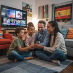 A cozy and inviting living room filled with a diverse family, including children and adults, gathered on a large couch and floor. They are united by their enjoyment of a large-screen television, displaying a variety of spain IPTV channels, indicated by the spain flag prominently shown on the screen. The warm ambiance is accentuated by soft lighting and the family's joyful expressions as they relish the seamless IPTV spain services, offering high-quality streaming and a wide selection of channels for all to enjoy. The scene captures the perfect example of how IPTV spain services can create an immersive and entertaining experience for the whole family.