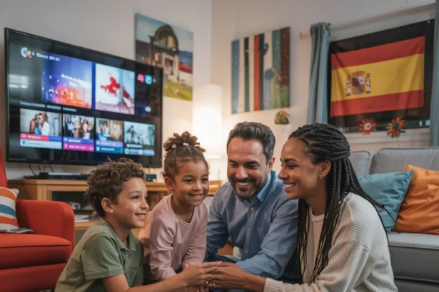 A cozy and inviting living room filled with a diverse family, including children and adults, gathered on a large couch and floor. They are united by their enjoyment of a large-screen television, displaying a variety of spain IPTV channels, indicated by the spain flag prominently shown on the screen. The warm ambiance is accentuated by soft lighting and the family's joyful expressions as they relish the seamless IPTV spain services, offering high-quality streaming and a wide selection of channels for all to enjoy. The scene captures the perfect example of how IPTV spain services can create an immersive and entertaining experience for the whole family.