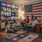A cozy and inviting living room scene featuring a diverse family gathered around a large, flat-screen television. The children are sitting on the floor, while the parents are seated on a comfortable couch. There are various international channels displayed on the screen, reflecting the family's multicultural background. The most prominent channel, taking up a significant portion of the wall, is the usa, suggesting a strong interest or connection to the usa culture. The overall atmosphere of the room is warm, friendly, and inclusive ,Best IPTV USA Subscription Service Providers in 2025