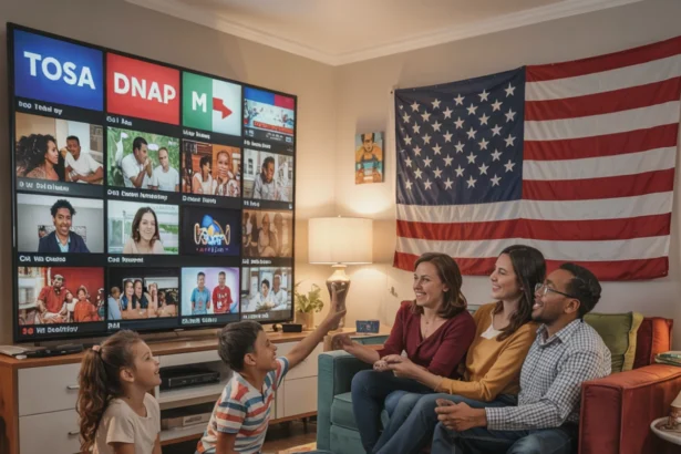 A cozy and inviting living room scene featuring a diverse family gathered around a large, flat-screen television. The children are sitting on the floor, while the parents are seated on a comfortable couch. There are various international channels displayed on the screen, reflecting the family's multicultural background. The most prominent channel, taking up a significant portion of the wall, is the usa, suggesting a strong interest or connection to the usa culture. The overall atmosphere of the room is warm, friendly, and inclusive ,Best IPTV USA Subscription Service Providers in 2025