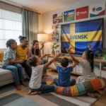 A cozy and inviting living room scene featuring a diverse family gathered around a large, flat-screen television. The children are sitting on the floor, while the parents are seated on a comfortable couch. There are various international channels displayed on the screen, reflecting the family's multicultural background. The most prominent channel, taking up a significant portion of the wall, is the sweden, suggesting a strong interest or connection to the Sweden culture. The overall atmosphere of the room is warm, friendly, and inclusive. Less, Best Svensk IPTV Subscription Service Providers in 2025