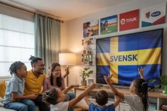A cozy and inviting living room scene featuring a diverse family gathered around a large, flat-screen television. The children are sitting on the floor, while the parents are seated on a comfortable couch. There are various international channels displayed on the screen, reflecting the family's multicultural background. The most prominent channel, taking up a significant portion of the wall, is the sweden, suggesting a strong interest or connection to the Sweden culture. The overall atmosphere of the room is warm, friendly, and inclusive. Less, Best Svensk IPTV Subscription Service Providers in 2025
