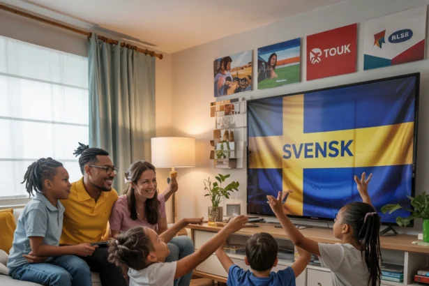 A cozy and inviting living room scene featuring a diverse family gathered around a large, flat-screen television. The children are sitting on the floor, while the parents are seated on a comfortable couch. There are various international channels displayed on the screen, reflecting the family's multicultural background. The most prominent channel, taking up a significant portion of the wall, is the sweden, suggesting a strong interest or connection to the Sweden culture. The overall atmosphere of the room is warm, friendly, and inclusive. Less, Best Svensk IPTV Subscription Service Providers in 2025