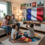 A cozy and inviting living room filled with a diverse family, including children and adults, gathered on a large couch and floor. They are united by their enjoyment of a large-screen television, displaying a variety of French IPTV channels, indicated by the French flag prominently shown on the screen. The warm ambiance is accentuated by soft lighting and the family's joyful expressions as they relish the seamless IPTV France services, offering high-quality streaming and a wide selection of channels for all to enjoy. The scene captures the perfect example of how IPTV France services can create an immersive and entertaining experience for the whole family. Less