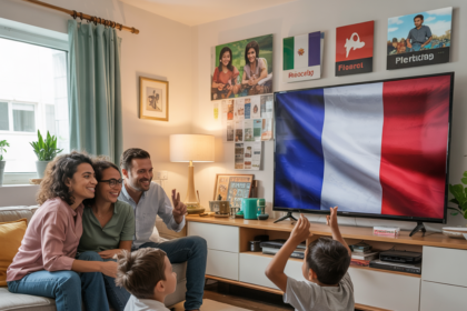 A cozy and inviting living room filled with a diverse family, including children and adults, gathered on a large couch and floor. They are united by their enjoyment of a large-screen television, displaying a variety of French IPTV channels, indicated by the French flag prominently shown on the screen. The warm ambiance is accentuated by soft lighting and the family's joyful expressions as they relish the seamless IPTV France services, offering high-quality streaming and a wide selection of channels for all to enjoy. The scene captures the perfect example of how IPTV France services can create an immersive and entertaining experience for the whole family. Less