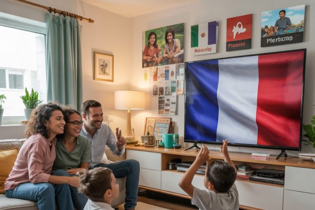A cozy and inviting living room filled with a diverse family, including children and adults, gathered on a large couch and floor. They are united by their enjoyment of a large-screen television, displaying a variety of French IPTV channels, indicated by the French flag prominently shown on the screen. The warm ambiance is accentuated by soft lighting and the family's joyful expressions as they relish the seamless IPTV France services, offering high-quality streaming and a wide selection of channels for all to enjoy. The scene captures the perfect example of how IPTV France services can create an immersive and entertaining experience for the whole family. Less