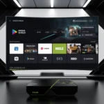 An image showing the Nvidia Shield interface on a smart TV with various apps visible on the screen, including apps like "EHUNIN ONE," "DIOR," "NIELE," "RECI," and others. The Nvidia Shield console is positioned below the TV, showcasing the device's design. The screen displays a user interface for IPTV streaming on Nvidia Shield ,How to Install IPTV Smarters Pro on Nvidia Shield Easy Steps in 2025