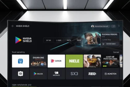 An image showing the Nvidia Shield interface on a smart TV with various apps visible on the screen, including apps like "EHUNIN ONE," "DIOR," "NIELE," "RECI," and others. The Nvidia Shield console is positioned below the TV, showcasing the device's design. The screen displays a user interface for IPTV streaming on Nvidia Shield ,How to Install IPTV Smarters Pro on Nvidia Shield Easy Steps in 2025
