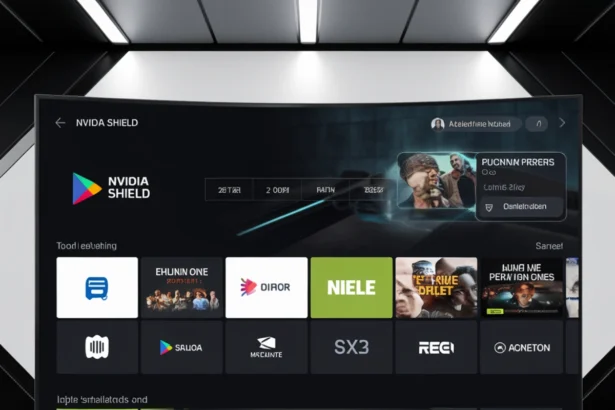 An image showing the Nvidia Shield interface on a smart TV with various apps visible on the screen, including apps like "EHUNIN ONE," "DIOR," "NIELE," "RECI," and others. The Nvidia Shield console is positioned below the TV, showcasing the device's design. The screen displays a user interface for IPTV streaming on Nvidia Shield ,How to Install IPTV Smarters Pro on Nvidia Shield Easy Steps in 2025