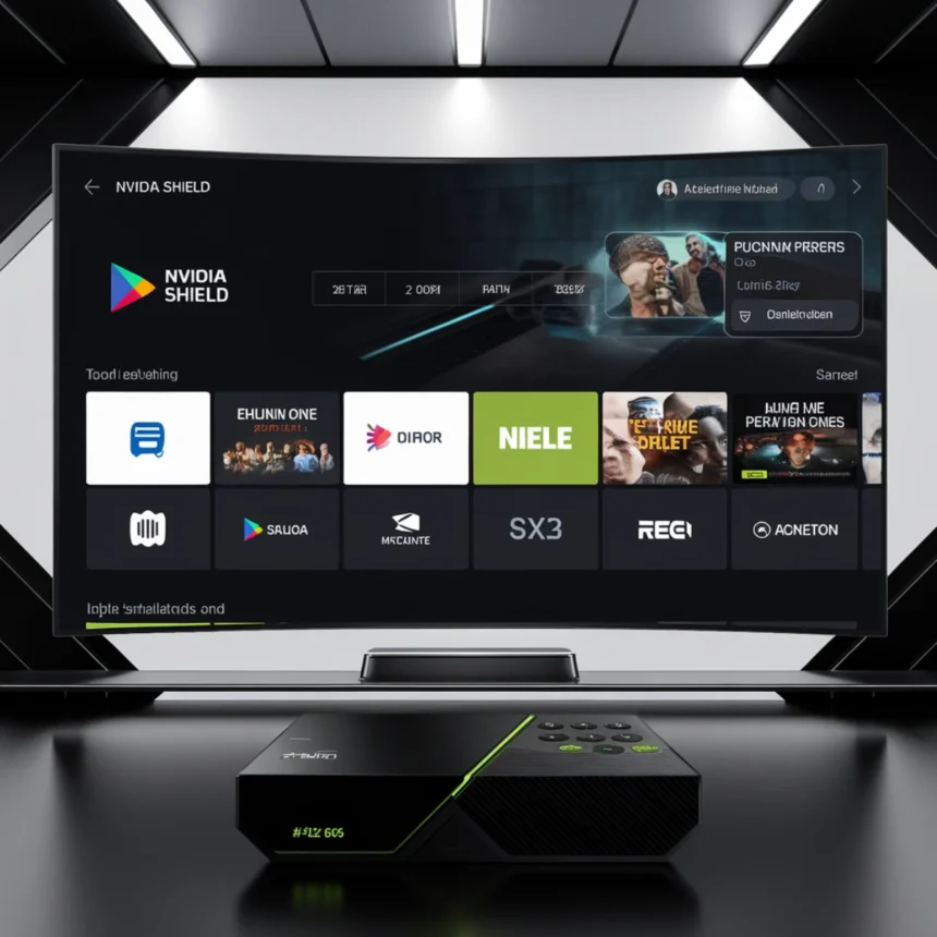 An image showing the Nvidia Shield interface on a smart TV with various apps visible on the screen, including apps like "EHUNIN ONE," "DIOR," "NIELE," "RECI," and others. The Nvidia Shield console is positioned below the TV, showcasing the device's design. The screen displays a user interface for IPTV streaming on Nvidia Shield ,How to Install IPTV Smarters Pro on Nvidia Shield Easy Steps in 2025