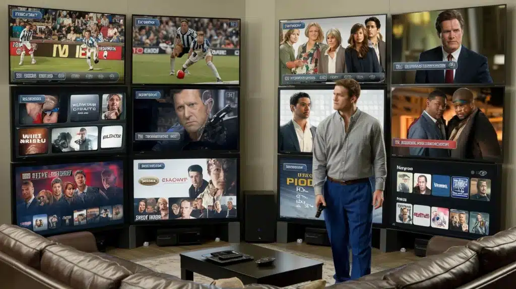 : Multiple TV screens displaying various TV shows, sports events, and streaming interfaces, with two leather armchairs in the foreground. The screens show different genres including sports, drama, and crime shows.