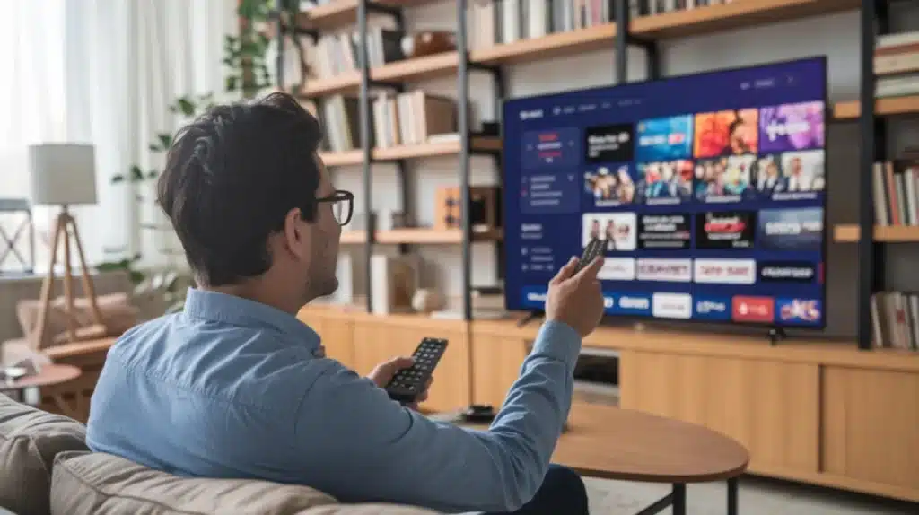 A man wearing glasses and a blue shirt, sitting on a couch and using a remote to navigate a streaming service interface. Bookshelves and a lamp are visible in the background.