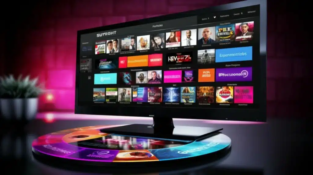 A close-up of a computer monitor displaying a colorful streaming service interface with multiple movie and show thumbnails, with a color wheel in the foreground.