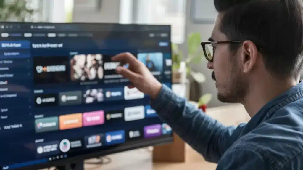 A person wearing glasses, viewed from the side, touching and interacting with a digital streaming interface on a computer screen.