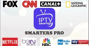 A graphic showcasing the IPTV Smarters Pro logo along with various network logos like Fox, CNN, Canal+, National Geographic, Netflix, BeIN Sports, NBC, Rai Italia HD, and Sky Sport.
