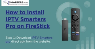 A tutorial on how to install IPTV Smarters Pro on Firestick, with a step-by-step guide and an image of the Firestick remote, showing "Step 1: Download IPTV Smarters Pro APK from the website."