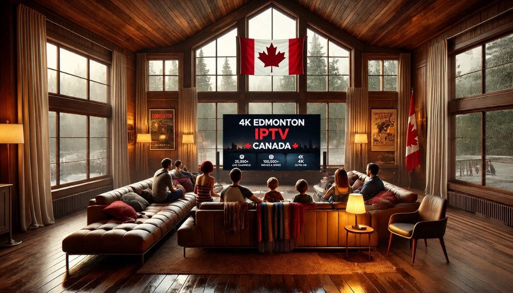 Family enjoying 4K Edmonton IPTV Canada on a large smart TV inside a spacious Canadian cabin, featuring 25,000+ live channels, 100,000+ movies and series, 4K Ultra HD streaming, and a warm Canadian-themed home entertainment setup.