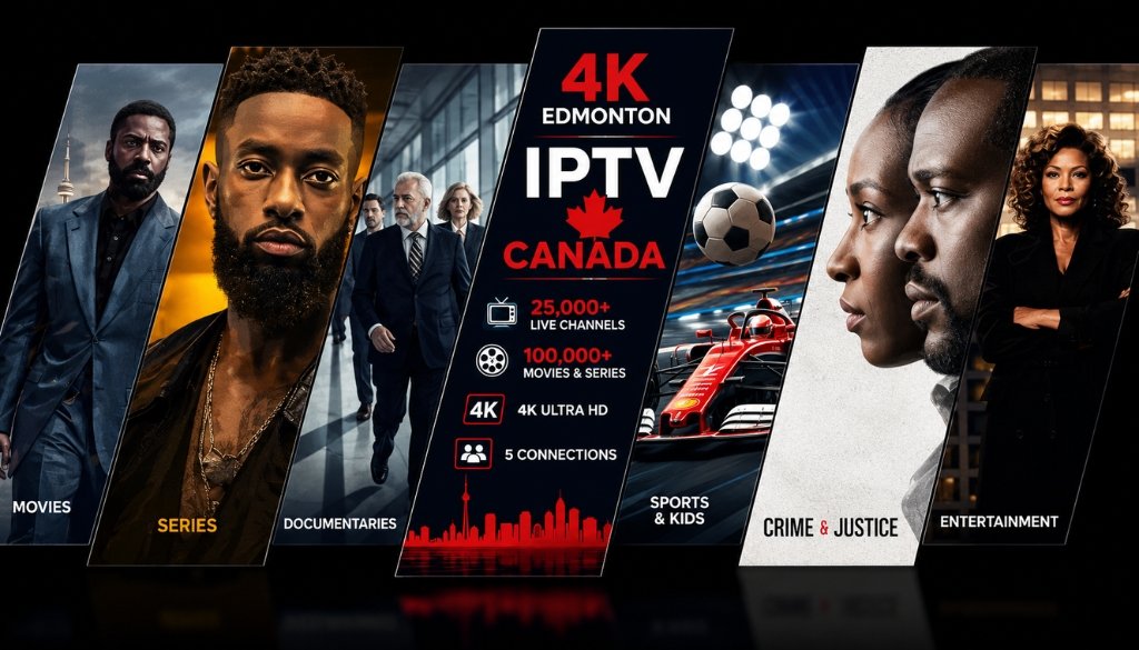 4K Edmonton IPTV Canada entertainment banner featuring blockbuster movies, TV series, documentaries, live sports, kids content, crime dramas, 25,000+ live channels, 100,000+ movies and series, 4K Ultra HD, and 5 device connections.