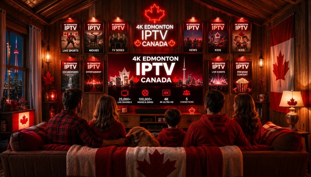 Family watching 4K Edmonton IPTV Canada in a cozy Canadian-themed living room featuring 25,000+ live channels, 100,000+ movies and series, 4K Ultra HD, 5 device connections, live sports, movies, TV series, documentaries, kids content, and premium streaming.