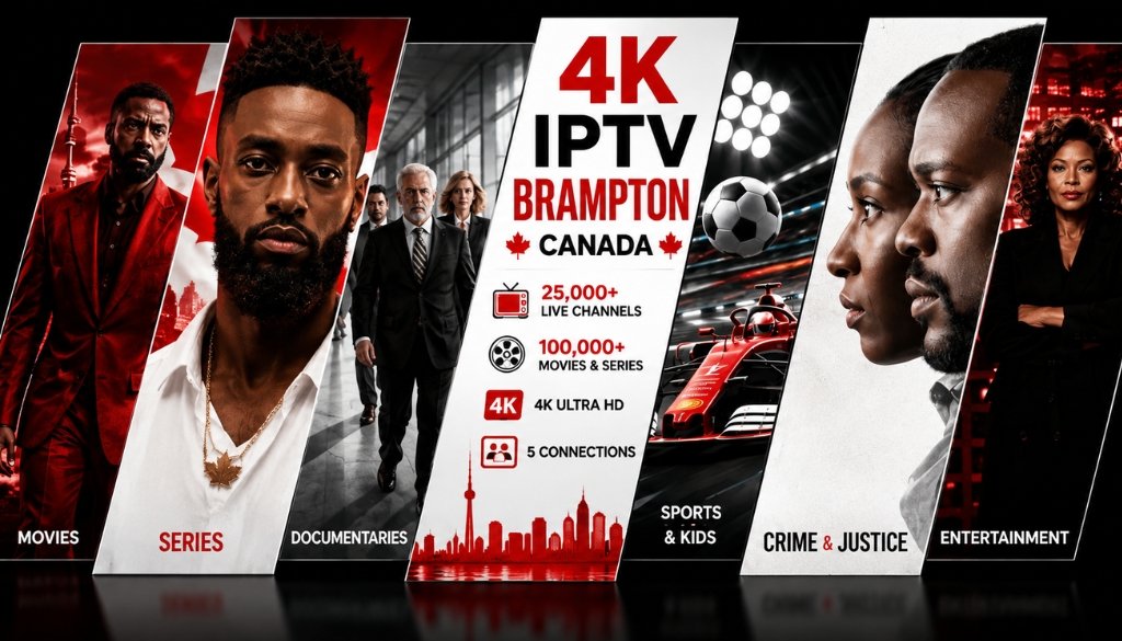Warm Canadian living room with a family enjoying 4K IPTV Brampton Canada, surrounded by maple leaf décor, entertainment posters, and premium streaming features.