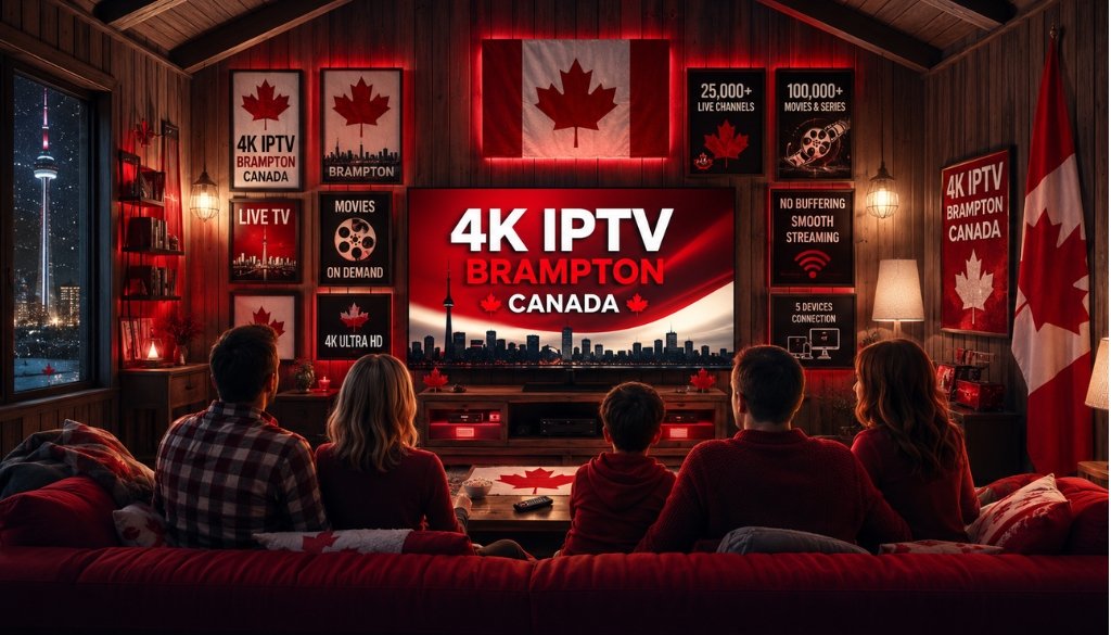 Family watching 4K IPTV Brampton Canada on a large TV inside a cozy Canadian cabin with maple leaf decorations and panoramic forest views.