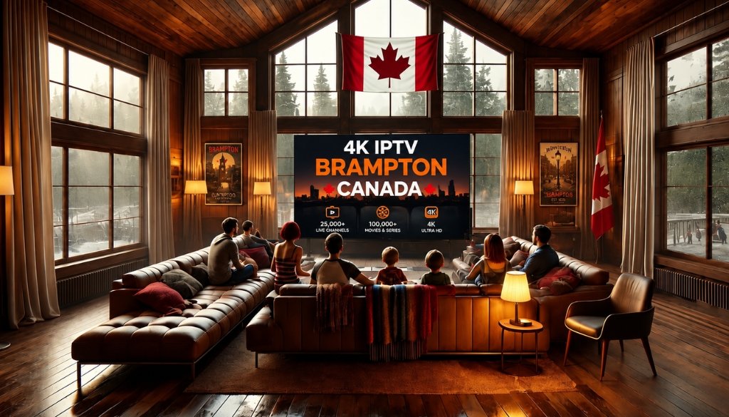 4K IPTV Brampton Canada promotional smart TV graphic featuring live TV, VOD movies, 4K Ultra HD streaming icons, and modern orange digital effects.