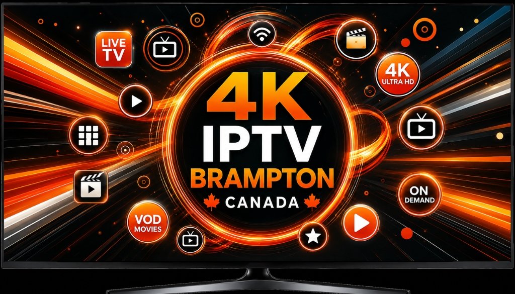 4K IPTV Brampton Canada entertainment banner highlighting movies, TV series, sports, documentaries, live channels, 4K Ultra HD, and 5-device streaming.