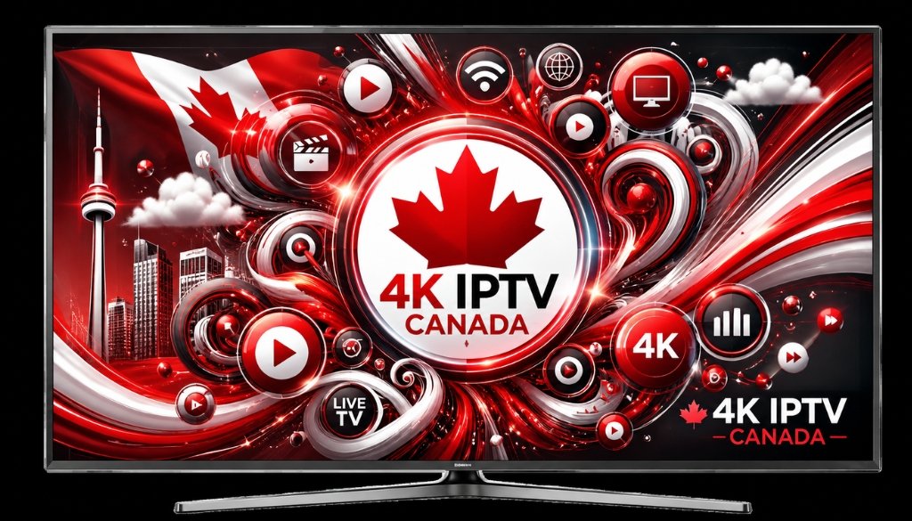 4K IPTV Canada Pricing promotional graphic displayed on a smart TV, featuring the Canadian flag, CN Tower, maple leaf logo, live TV, movies, streaming icons, 4K Ultra HD, and premium IPTV entertainment in a bold red, white, and black design.