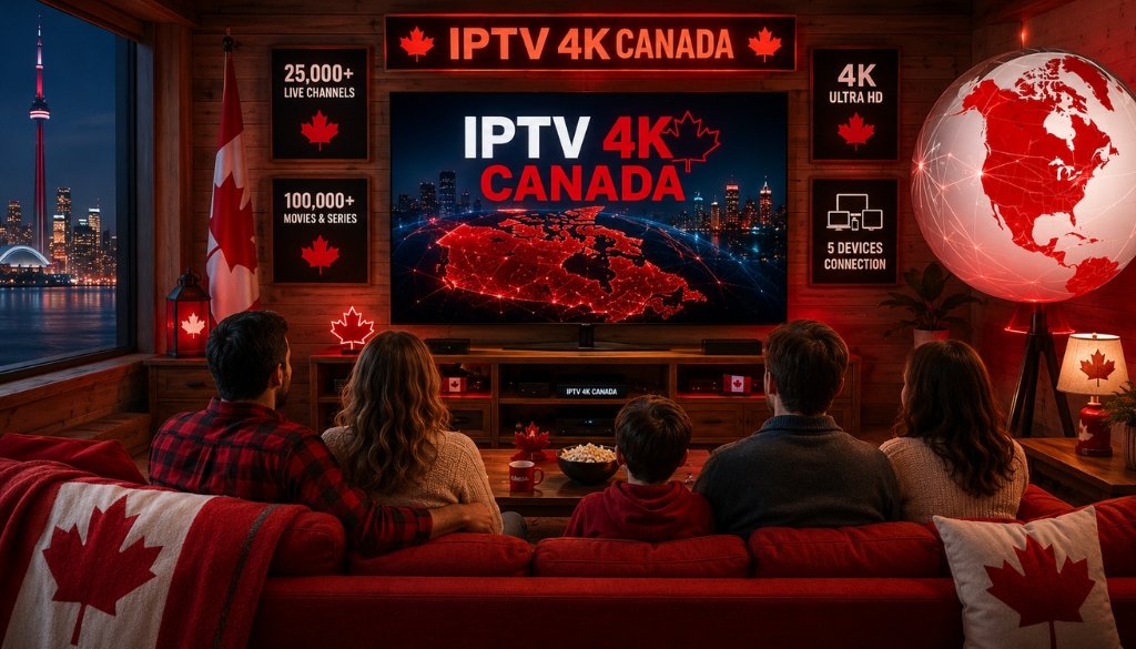 Family watching Best IPTV Canada Subscription Provider on a large TV in a cozy Canadian-themed living room, featuring a Canada map display, red and white décor, Canadian flags, Toronto skyline, 25,000+ live channels, 100,000+ movies and series, 4K Ultra HD streaming, and support for 5 device connections.