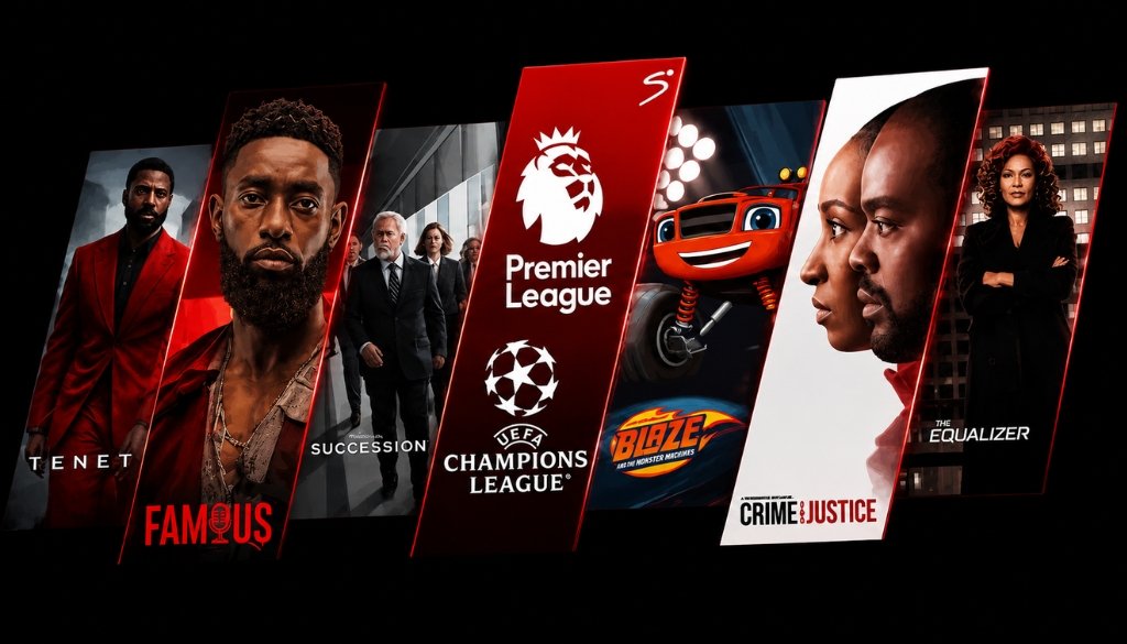 Promotional Best IPTV Canada subscription entertainment banner featuring Premier League, UEFA Champions League, blockbuster movies, popular TV series, kids content, and premium streaming with vibrant red and black visuals for IPTV subscription services.