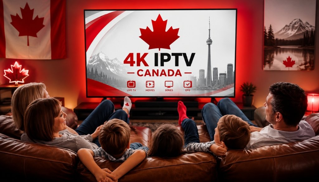Family relaxing on a couch watching 4K Best IPTV Ontario Canada on a large smart TV, featuring the Canadian maple leaf, CN Tower, Live TV, Movies, Series, EPG, and a cozy Canadian-themed living room with red and white décor.