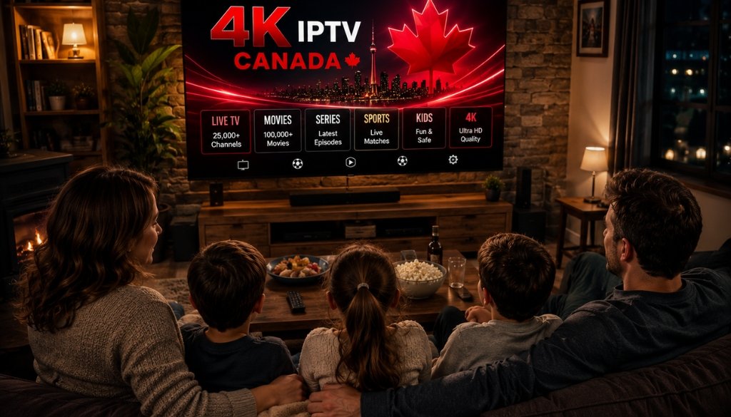 Family enjoying 4K Best IPTV Quebec Canada on a large smart TV in a Canadian-themed living room, featuring the Toronto skyline, live TV, movies, series, sports, 25,000+ live channels, 100,000+ movies and series, and 24/7 customer support.